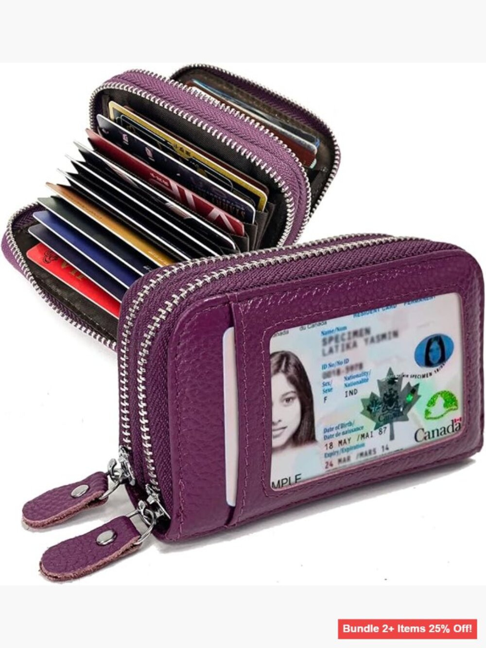 RFID Leather Zipper Card Case Wallet with ID Window and Coin Pouch